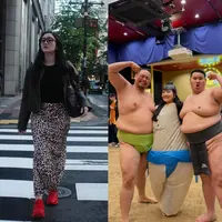 Dalam potret malam di jalanan Tokyo, Febby tampil sophisticated mengenakan inner hitam dipadukan blazer hitam oversized dan celana wide leg warna burgundy. Kombinasi warna gelap itu memberi kesan sleek sekaligus classy. [@febbyrastanty].