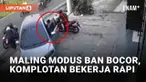 Aksi komplotan maling terekam CCTV viral menyasar korban pengendara mobil. Korban dibuat lengah bermodus ban bocor oleh salah satu pelaku. Peristiwa disebut terjadi di Jl. Setiabudi, Pamulang, Tangerang Selatan (5/7/2023).