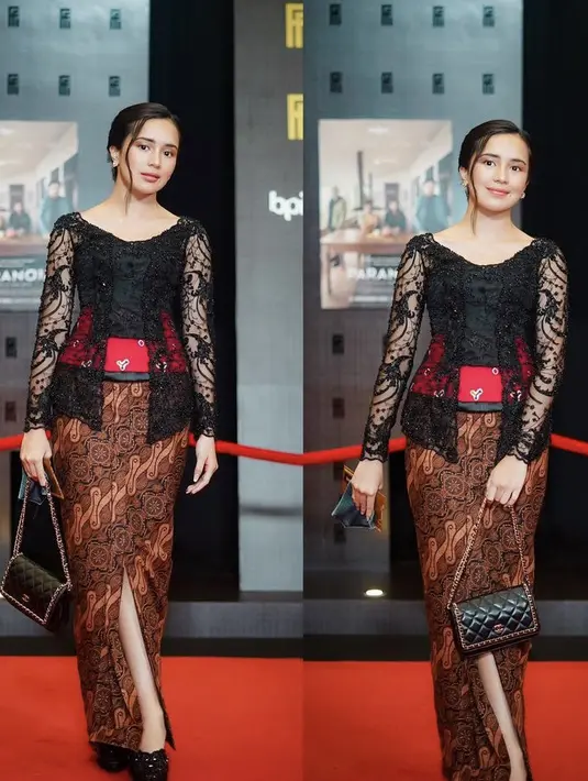 Baru saja masuk nominasi perempuan tercantik versi  TC Candler, Beby Tsabina tampil angguk mengenakan kebaya hitam dipadukan dengan obi merah motif jumputan.  (@bebytsabina)