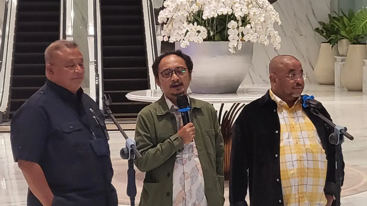 Tiga sekretaris jenderal (sekjen) parpol koalisi perubahan di Nasdem Tower, Menteng, Jakarta Pusat, Kamis (22/2/2024).