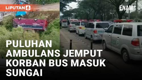 VIDEO: Iring-Iringan Puluhan Mobil Ambulans Jemput Korban Bus Masuk Sungai di Tegal