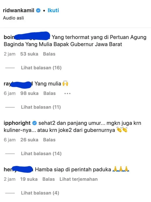 Cuitan netizen yang memanggil Ridwan kamil dengan Paduka, Yang Dipertuan Agung, dan sebagainya. (Foto: Dok. Instagram @ridwankamil)