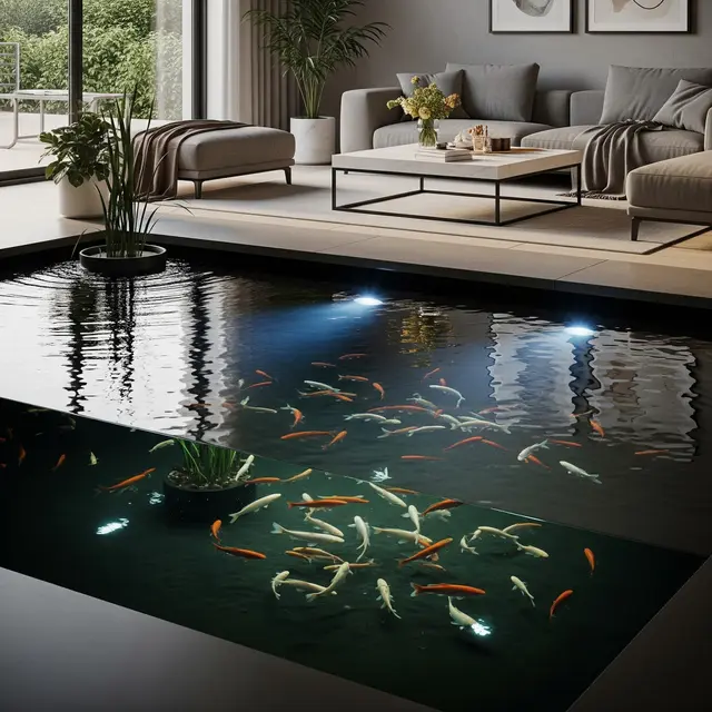 model kolam ikan di ruang tengah yang minimalis