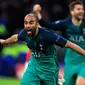 Pemain sayap Tottenham Hotspur, Lucas Moura berselebrasi setelah mencetak gol ke gawang Ajax Amsterdam pada laga kedua semifinalLiga Champions 2018/19 di Stadion Johan Cruyff, Rabu (8/5). Tottenham secara dramatis merebut tiket final Liga Champions setela