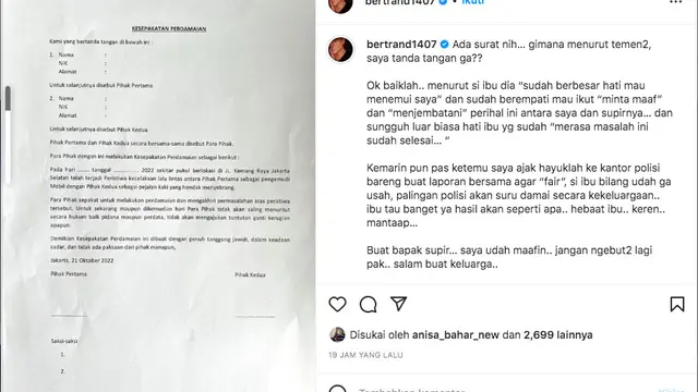 Bertrand Antolin Disodorkan Surat Kesepakatan Perdamaian dari Majikan Sopir yang Tabrak Sang Adik