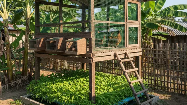 Desain Kandang Ayam Multifungsi Sekaligus Kebun Sayur. AI