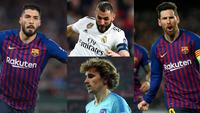 Maski tidak mencetak sebiji gol saat melawat ke kandang Huesca namun bintang barcelona, Lionel Messi tetap berada di puncak daftar pencetak gol La Liga hingga pekan ke-31 (Kolase Foto AFP)
