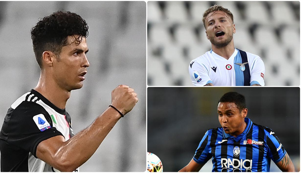 Cristiano Ronaldo menempel ketat posisi Ciro Immobile dalam daftar top skor sementara di Serie A Liga Italia 2019-2020. Ronaldo yang berada di posisi kedua hanya tertinggal satu gol oleh Immobile di puncak top skor. (kolase foto AFP)