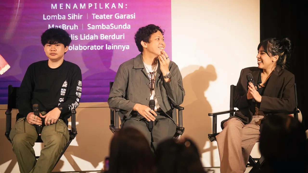 MasBruh sebagai Kolaborator Seni Visual, Baskara Putra & Natasha Udu sebagai Perwakilan Musisi Kolaborator dari Lomba Sihir di Collabonation X Vol.1. (Foto: Collabonation X)