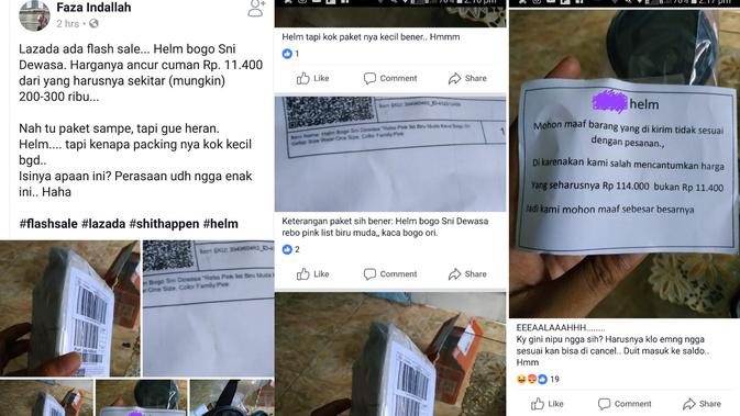 Keluhan konsumen beli helm di Lazada Indonesia malah dapat kacamata (Foto: Facebook/ Faza Indallah)