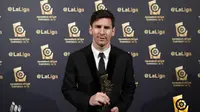 Bintang Barcelona, Lionel Messi berfoto sebelum acara penghargaan LFP (Spanish Professional League) 2014-2015 di Barcelona, Selasa (1/12/2015) dini hari WIB.(Photo/laliga.es)