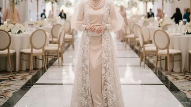 model gamis organza dengan aksen ruffle dan pita (image by Gemini AI)