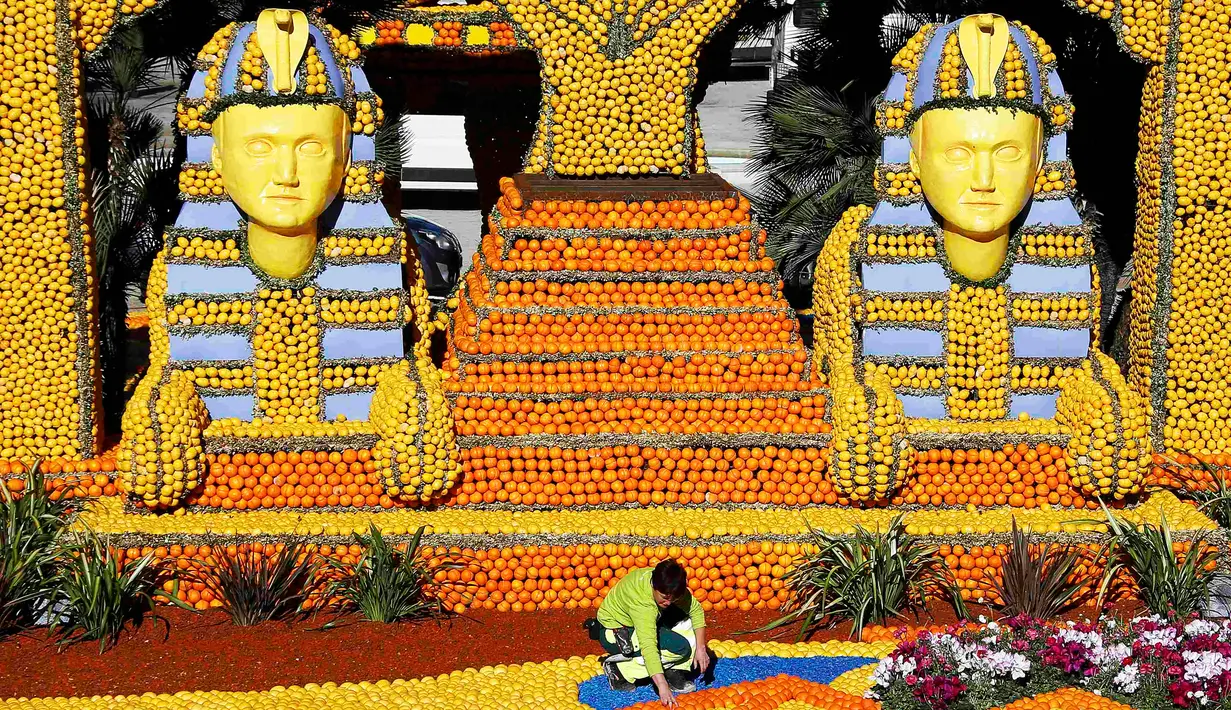 Bangunan replika berbentuk Firaun raksasa yang dibuat dengan lemon dan jeruk dipamerkan di festival lemon, Menton , Prancis (10/2). 140 ton jeruk dan lemon dihabiskan untuk memeriahkan festival ini. (REUTERS/Eric Gaillard)