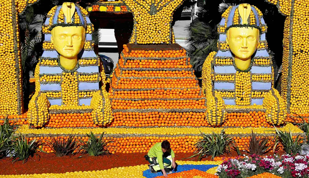Bangunan replika berbentuk Firaun raksasa yang dibuat dengan lemon dan jeruk dipamerkan di festival lemon, Menton , Prancis (10/2). 140 ton jeruk dan lemon dihabiskan untuk memeriahkan festival ini. (REUTERS/Eric Gaillard)