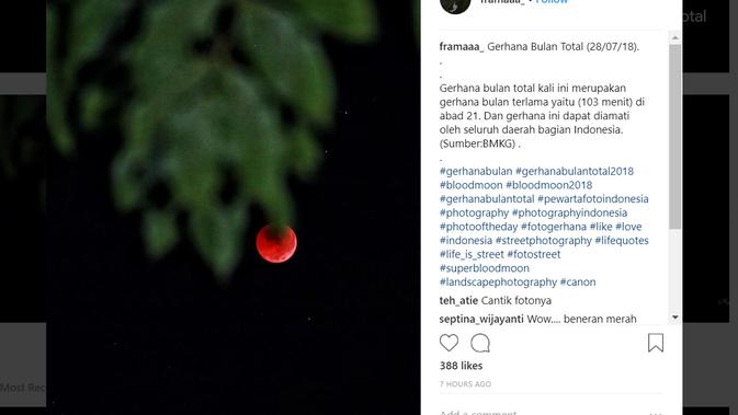 Foto gerhana bulan total hasil jepretan warganet. (Instagram/ @framaaa)