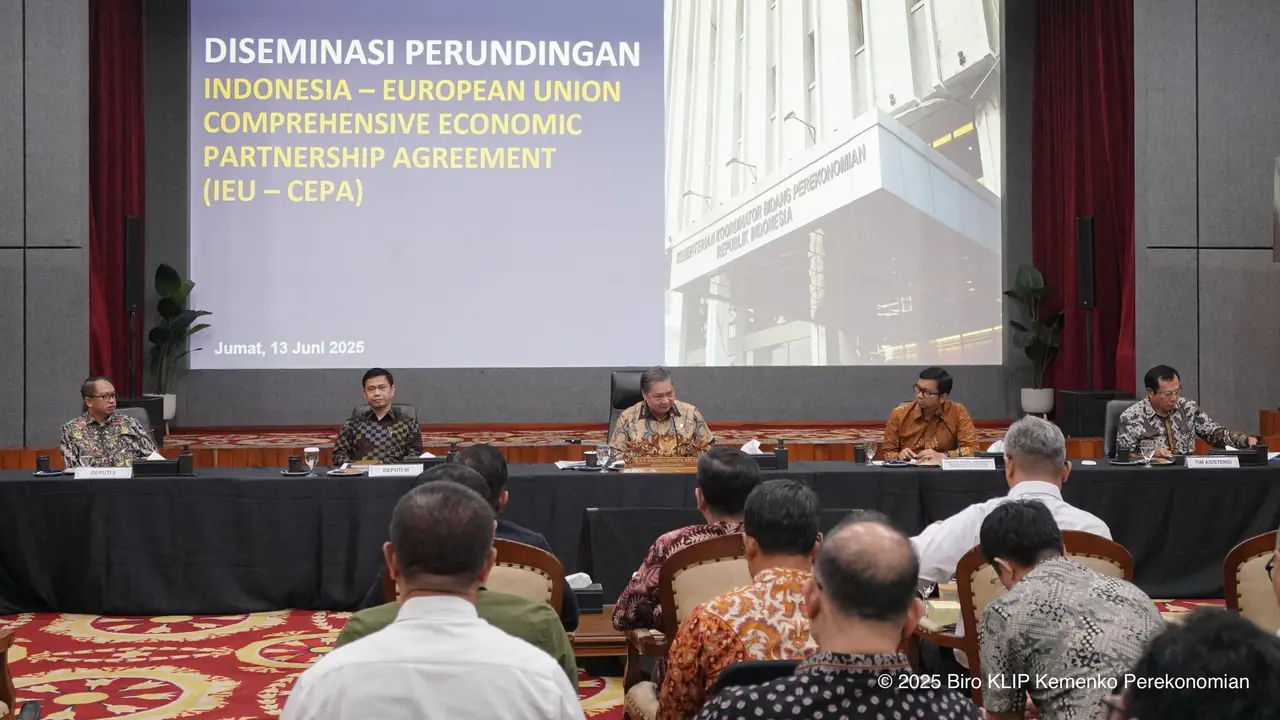 Menteri Koordinator Bidang Perekonomian Airlangga Hartarto dalam Diseminasi Perundingan IEU-CEPA, di Jakarta, Jumat (13/6/2025). (Dok Kemenko Perekonomian)