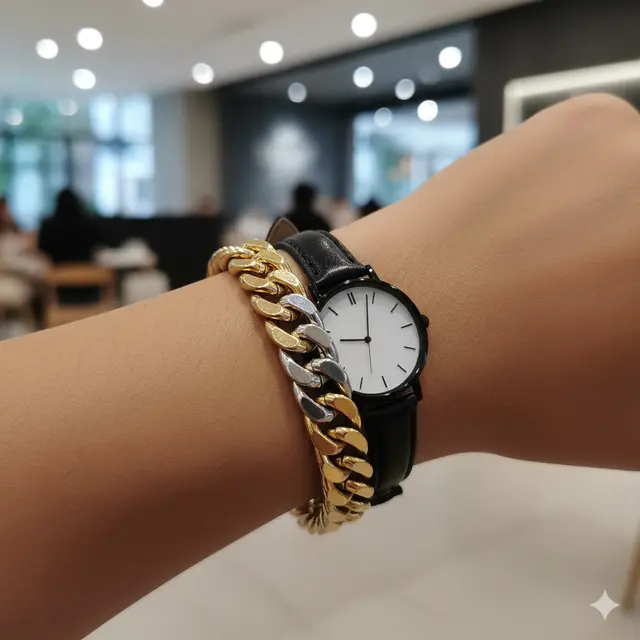 Gelang Emas Model Cuban Link Kombinasi Perak