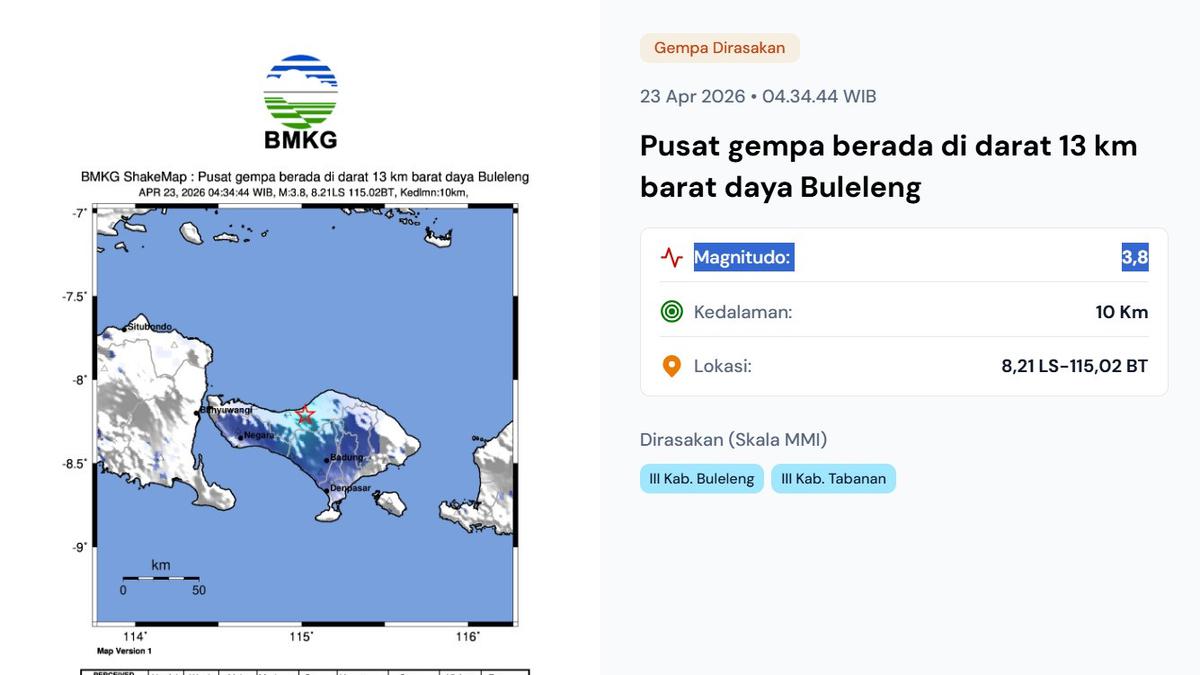 Dua Gempa Magnitudo 3,8 Guncang Bali dan NTT pada Kamis 23 April 2026