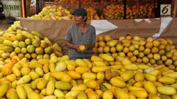 Pedagang merapihkan timun suri yang hendak dijual di Pasar Induk, Kramat Jati, Jakarta, Senin (5/7). Selama bulan Ramadan, timun suri banyak diburu warga untuk menu berbuka puasa. (Liputan6.com/Yoppy Renato)