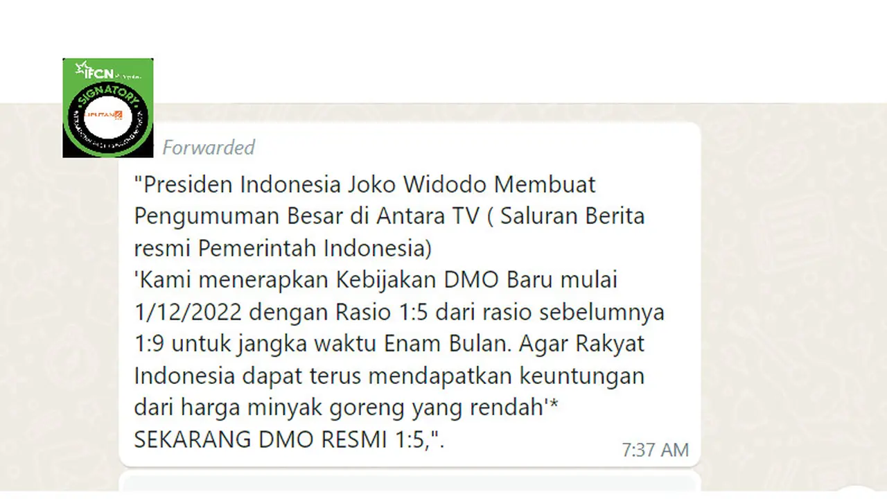 Tangkapan layar klaim pemerintah turunkan DMO sawit menjadi 1:5