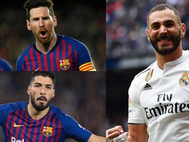 Raihan tiga gol yang dicetak Karim Benzema ke gawang Bilbao membuat bomber Real Madrid tersebut menggeser Luis Suarez di posisi kedua. Penyerang 29 tahun tersebut bisa menjadi ancaman baru untuk Lionel Messi (Kolase Foto AFP)