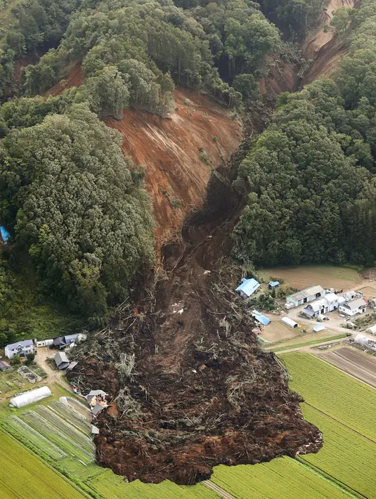 Tanah longsor menerjang permukiman rumah warga setelah gempa mengguncang Kota Atsuma, Prefektur Hokkaido, Jepang, Kamis (6/9). Longsoran tanah membawa batang-batang pohon yang tumbang. (Kyodo News via AP)