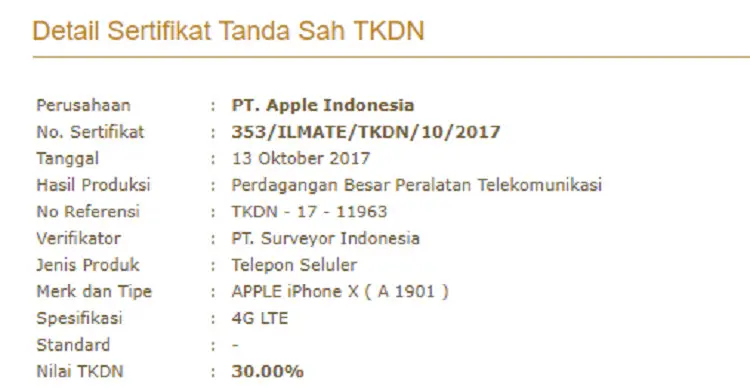 Pada laman P3DN Kementerian Perindustrian tercatat iPhone X telah mengantongi sertifikat TKDN (Liputan6.com/ Agustin Setyo W)