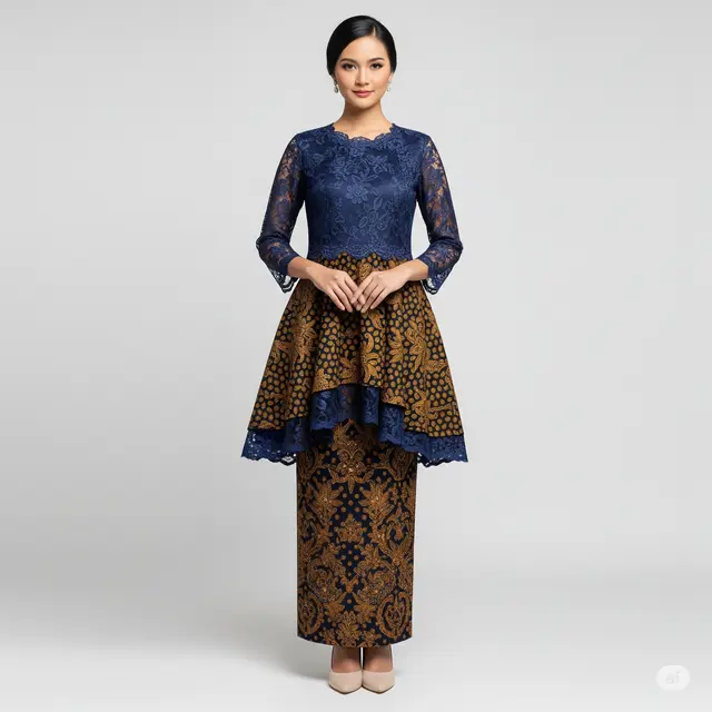 Inspirasi Dress Batik Brokat Tumpuk Dua Motif.