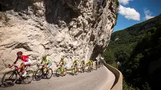 Para pebalap beraksi di Etape 2 (Cluses - Saint-Vulbas) lomba balap sepeda Dauphine Criterium, (6/6/2016). (AFP/Lionel Bonaventure)