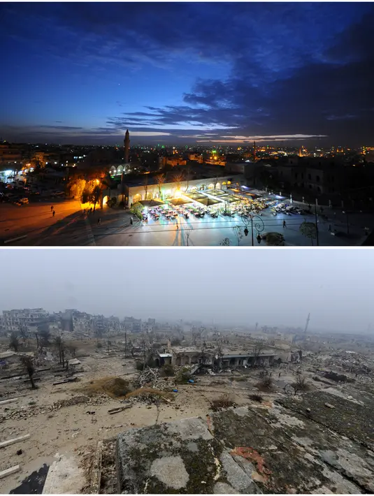 Foto kombinasi menunjukkan keadaan di Aleppo sebelum (12/03/2009) dan sesudah perang (13/12/2016), Suriah. (REUTERS / Omar Sanadiki) 