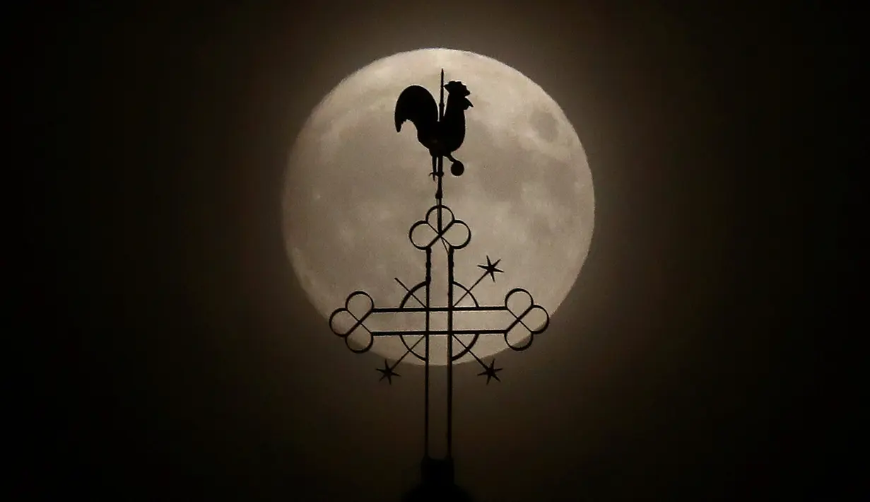 Fenomena Supermoon menghiasi desa Klein-Auheim near Hanau, Germany, (13/11). Fenomena ini merupakan bulan paling besar dan terang dalam kurun 70 tahun terakhir. (REUTERS / Kai Pfaffenbach)