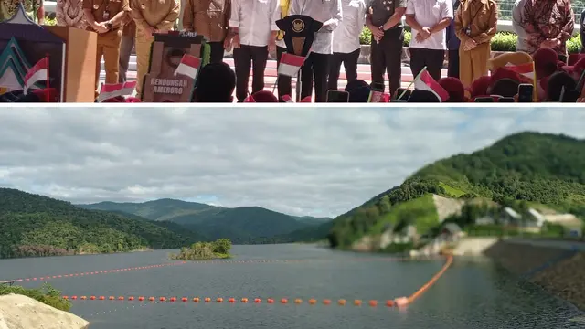 Jokowi ke Konawe bersama menteri dan pejabat PUPR, meresmikan Bendungan Ameroro di Kecamatan Uepai.