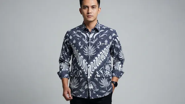 Kemeja Batik Sutra Lengan Panjang dengan Aksen Folded dan Saku Bawah