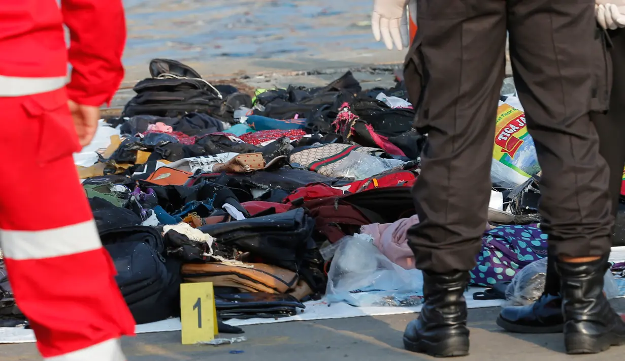 Anggota Basarnas mengumpulkan barang korban jatuhnya pesawat Lion Air JT 610 di Tanjung Priok, Jakarta Utara, Senin (29/10). Barang-barang ini nantinya akan diidentifikasi oleh Komisi Nasional Keselamatan Transportasi (KNKT). (AP Photo/Tatan Syuflana)