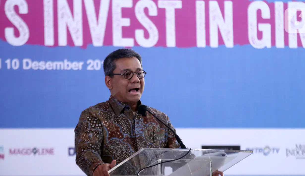 Wakil Menkeu Suahasil Nazara memberi sambutan dalam forum dialog Summit on Girls Getting Equal: Let's Invest in Girls di Jakarta, Selasa (10/12/2019). Pemerintah dukung untuk berinvestasi pada gender perempuan lewat beasiswa Lembaga Pengelola Dana Pendidikan (LPDP). (Liputan6.com/Fery Pradolo)
