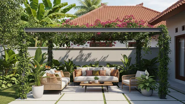 Desain Pergola Belakang Rumah Agar Terasa Lebih Sejuk sebagai Inspirasi Gaya Minimalis hingga Tropis Model Modern dengan Kombinasi Tanaman