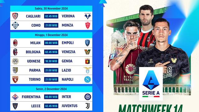 Jadwal Liga Italia 2024/25 Matchweek 14 di Vidio