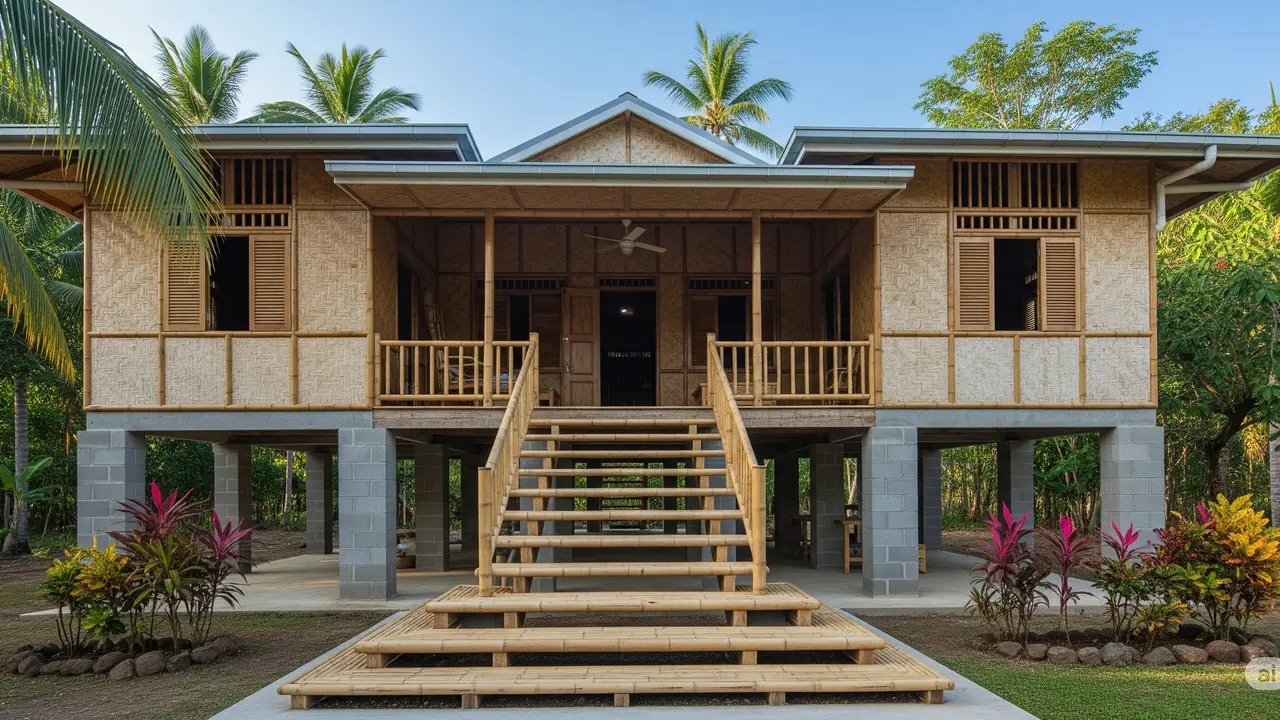Rumah Bambu dan Batako Gaya Tropis dengan Teras Luas (Gemini AI)