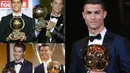 Bintang Real Madrid asal Portugal, Cristiano Ronaldo, dinobatkan sebagai peraih Ballon d'Or 2017 di Menara Eiffel, Paris, Jumat (8/12/2017). Gelar Ballon d'Or kelima bagi CR7 ini sekaligus menyamai raihan Ballon d'Or milik Messi. (AFP/Franck Faugere)