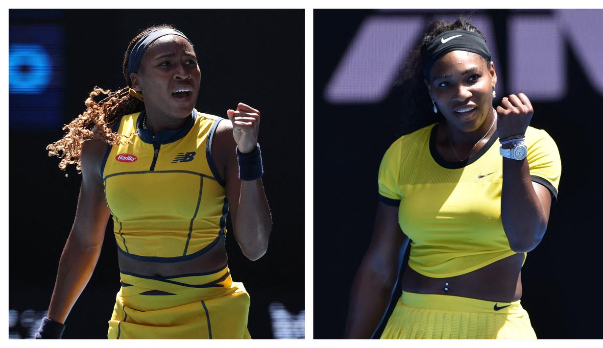 Petenis Amerika Serikat, Coco Gauff (kiri) dan Serena Williams melakukan selebrasi setelah mencetak poin di turnamen Australia Open. (Foto Kolase: AFP/Martin Keep dan AFP/Peter Parks)