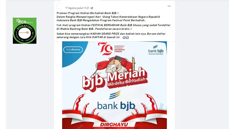 Tangkapan layar klaim program Bank BJB festival poin berhadiah untuk memperingati HUT RI