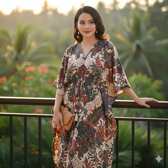Kaftan Batik Bohemian dengan Tali Serut Pinggang