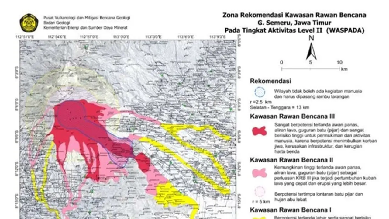 Tangkap layar zona rekomendasi kawasan rawan bencana Gunung Semeru, Jawa Timur (PVMBG Badan Geologi)