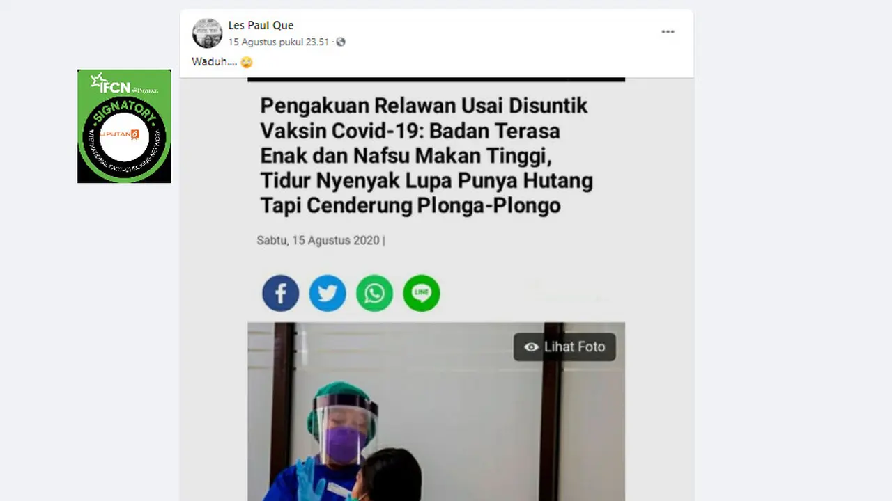 Penelusurn  klaim pengakuan relawan usai suntik vaksin Covid-19 jadi lupa punya utang dan cenderung plonga-plongo.