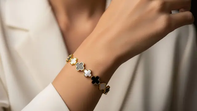 model gelang emas bunga clover hitam kekinian