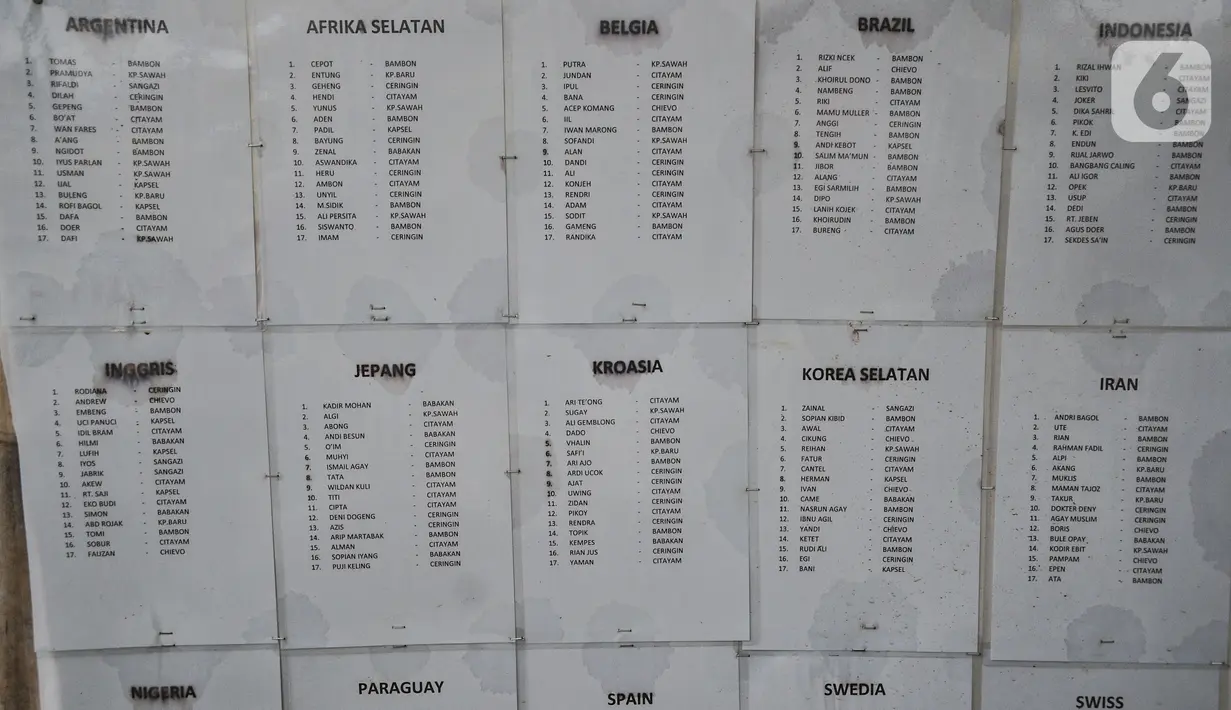 Kertas berisi nama tim peserta 'Liga Kocok' terlihat di papan informasi di Desa Ragajaya, Bojong Gede, Kabupaten Bogor, Jawa Barat, Minggu (17/10/2021). Meski cukup sederhana, liga yang dibuat swadaya ini sangat menghibur akhir pekan warga, terlebih bersama keluarga. (merdeka.com/Iqbal S. Nugroho)