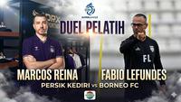 Cover duel pelatih Persik Kediri versus Borneo FC di BRI Super League musim ini. (Bola.com/Gemini)