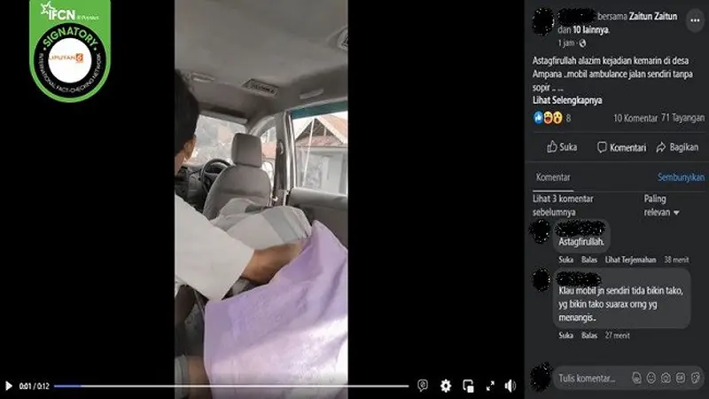 Gambar Tangkapan Layar Video yang Diklaim Ambulans Mengantar Jenazah Tanpa Pengemudi (sumber: Facebook).