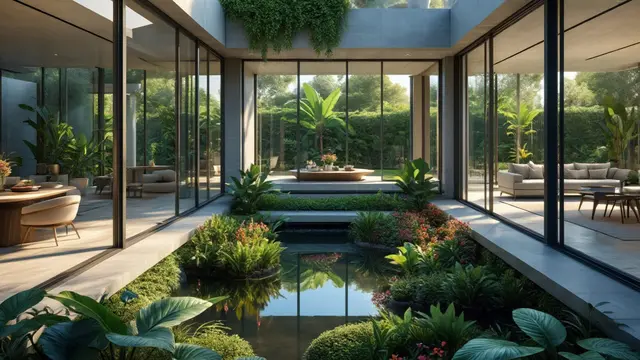 Contoh Rumah 1 Lantai Konsep Taman Terbuka di Tengah Ruangan (AI)
