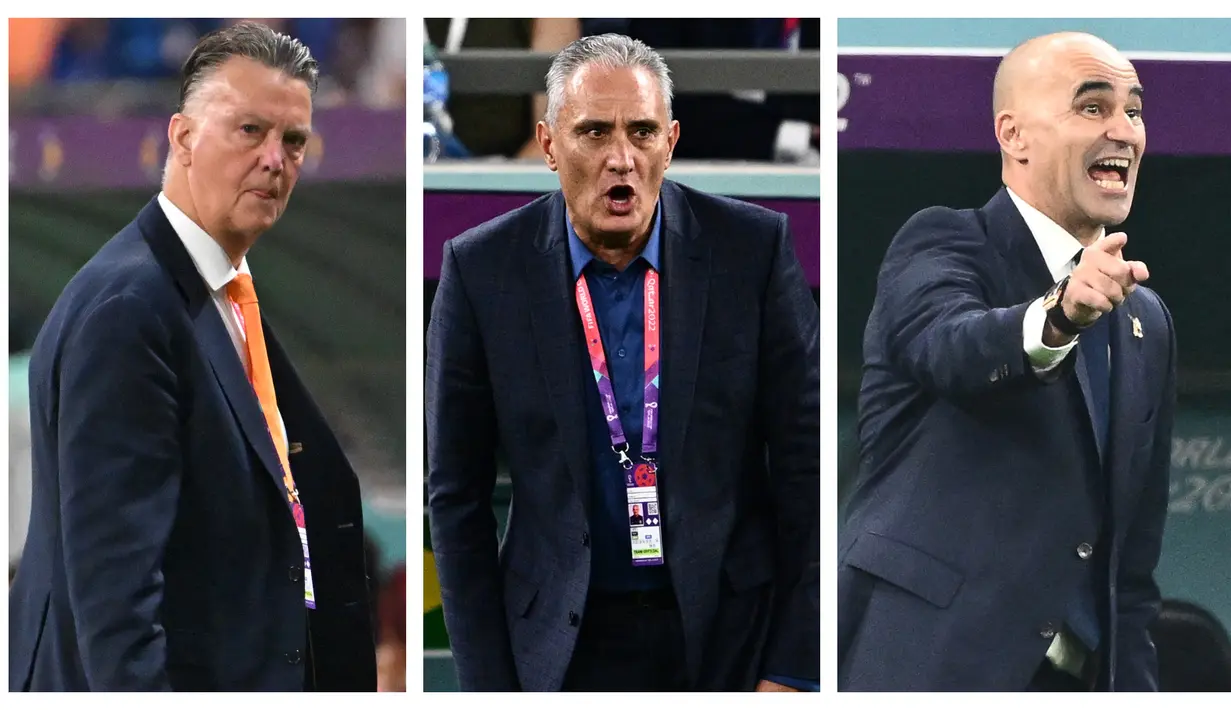 Foto kolase dari pelatih Timnas Belanda, Louis Van Gaal (kiri), pelatih Timnas Brasil, Tite, dan pelatih Belgia, Roberto Martinez ketika masih menukangi timnas masing-masing di Piala Dunia 2022. Ketiga pelatih tersebut kini telah memilih mundur dari jabatannya dengan berbagai alasan. (AFP/Alberto Pizzoli, Gabriel Bouys, Jewel Samad)